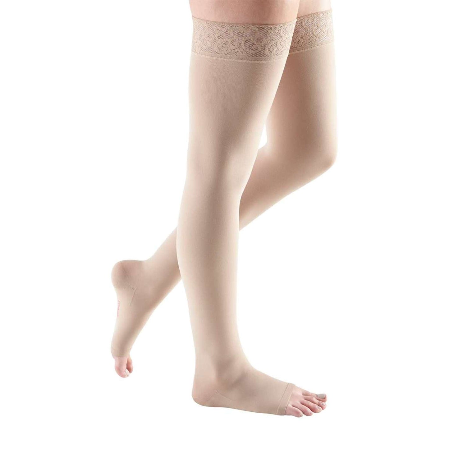 Mediven Comfort 30-40 mmHg Thigh High w/Lace Top Band, Open Toe, Sandstone