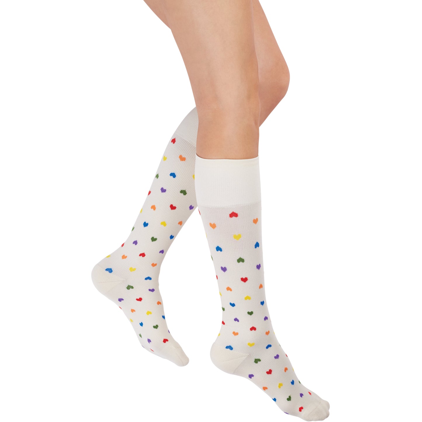 Rejuva Heart Knee High Compression Socks, Rainbow Hearts